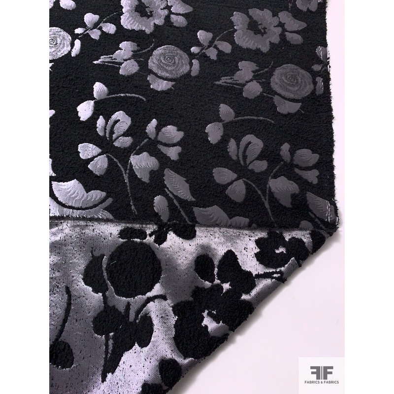 Metallic Floral Chenille Boucle Brocade – Grey / Black Fabric by the Yard