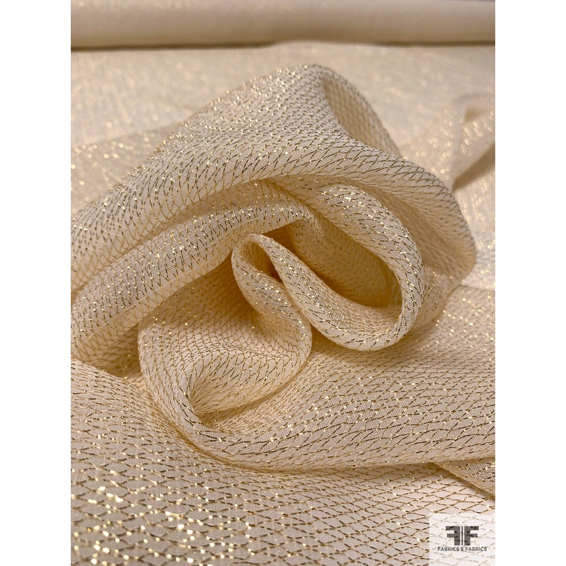 Novelty Silk Chiffon with Gold Lurex Threadwork in Honeycomb Pattern – Gold / Light Cream Fabric by the Yard