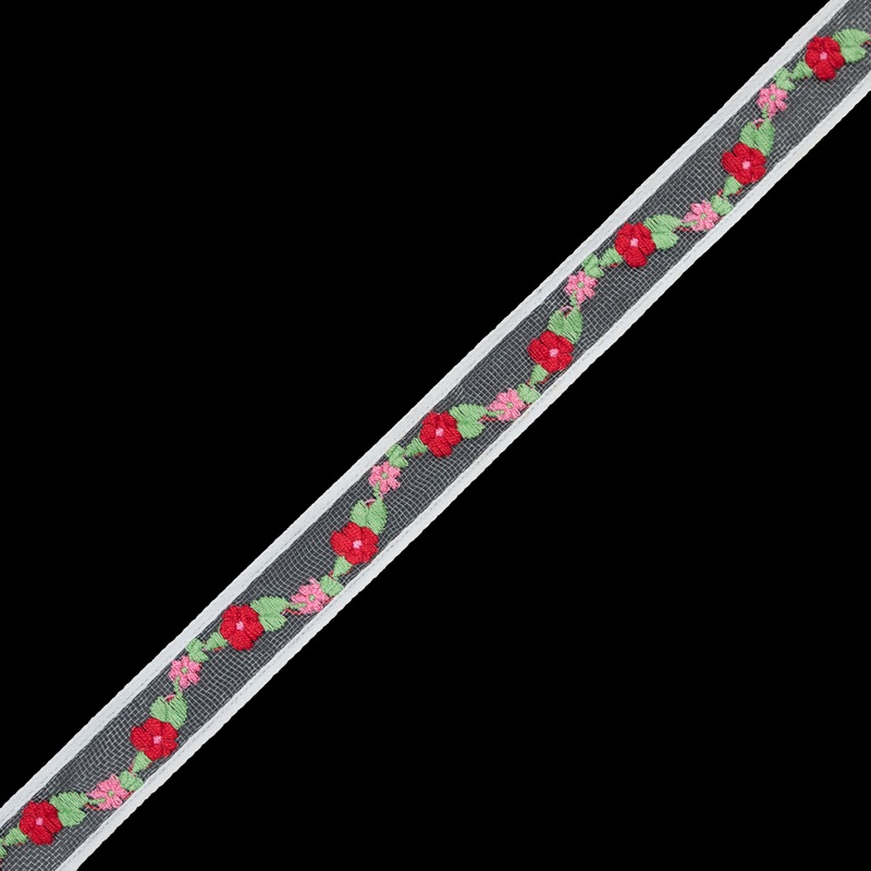 Red Floral Embroidered Tulle Ribbon – 1″