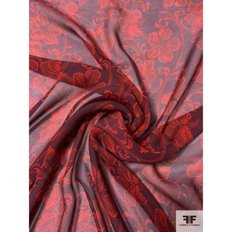 Vine Floral Printed Silk Chiffon – Eggplant / Red Fabric by the Yard