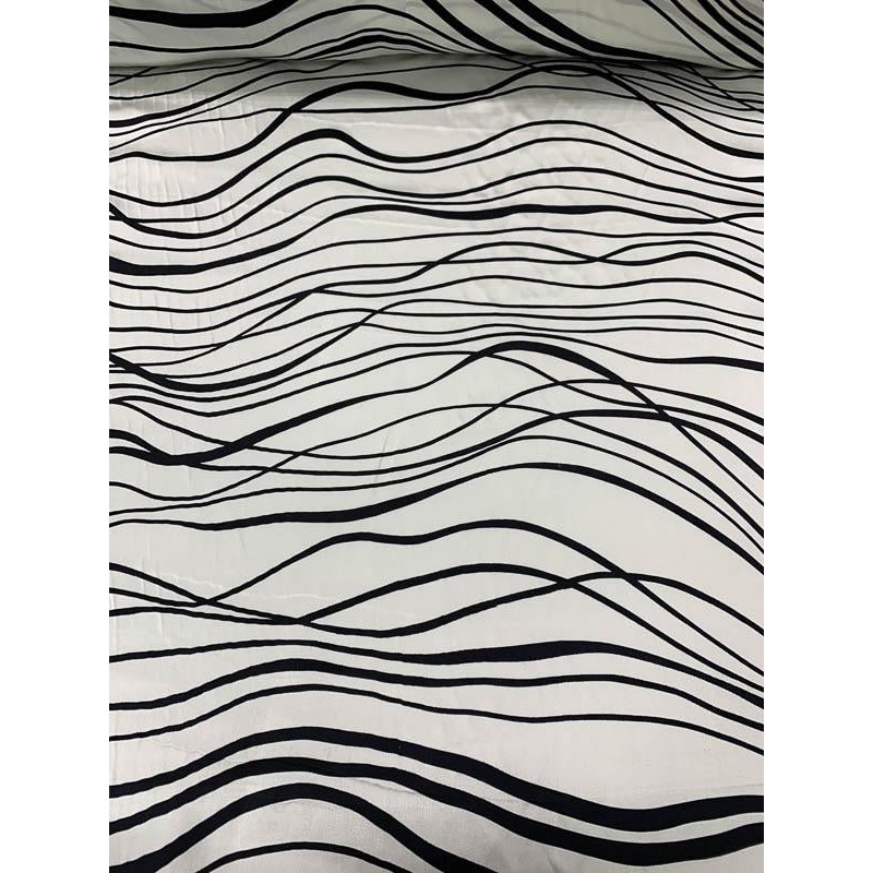 Wavy Striations Printed Silk Charmeuse – Black / White Fabric by the Yard