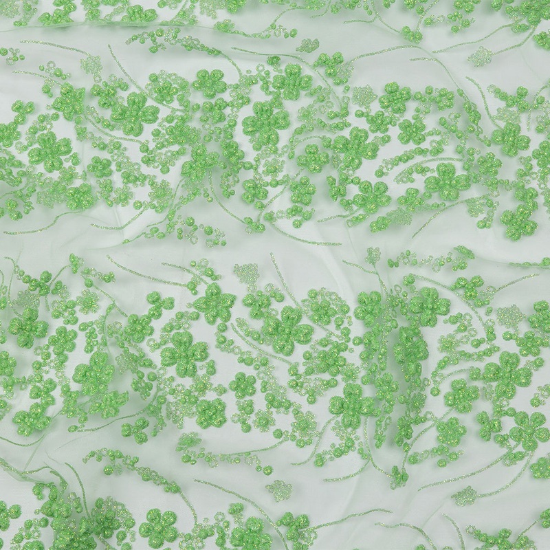 3D Puffy Glitter Tulle – Bright Mint Floral Stripes