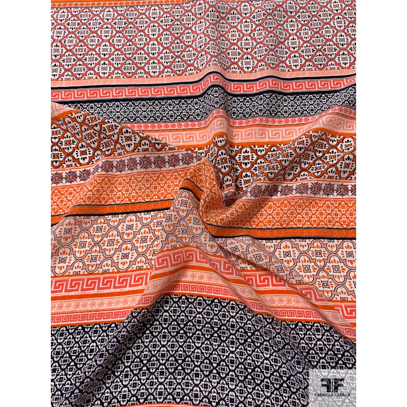 Boho Ethnic Lattice Patterns Printed Silk Crepe de Chine – Orange / Navy / Coral / White Fabric by the Yard