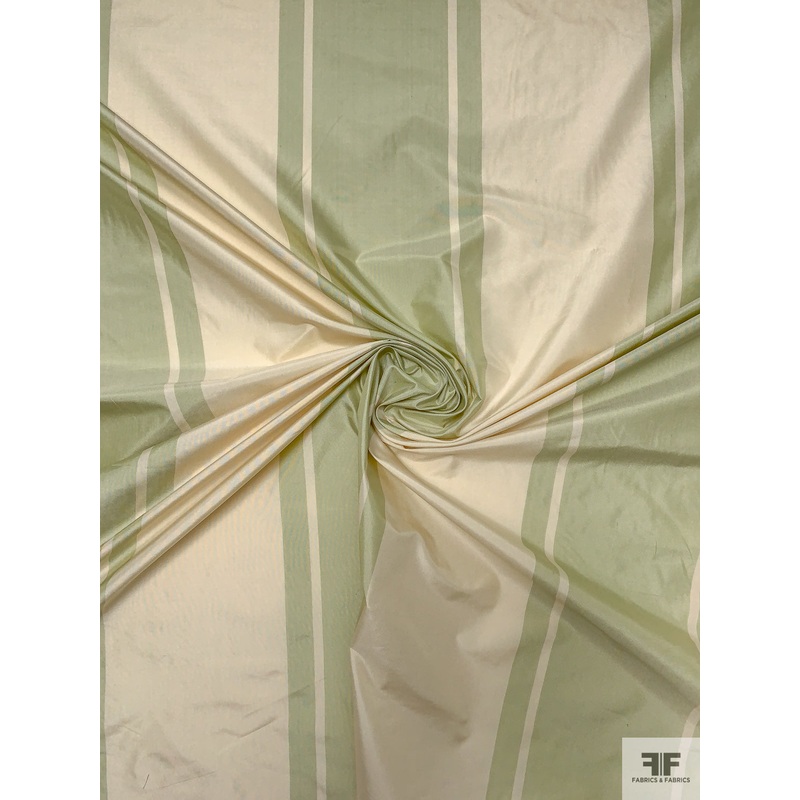 Bold Vertical Striped Yarn-Dyed Silk Taffeta – Tea Green / Beige Fabric by the Yard