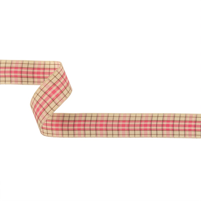Bubblegum, Brown and Vanilla Ice Plaid Woven Ribbon – 1″