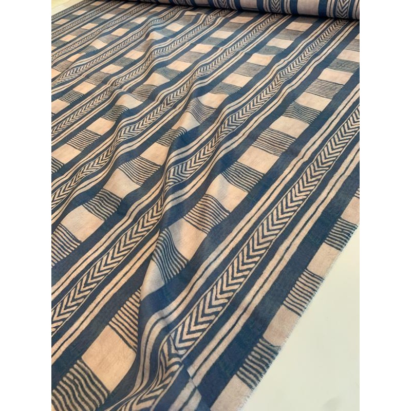 Chevron Striped Printed Silk Habotai – Blue / Dusty Light Purple Fabric by the Yard