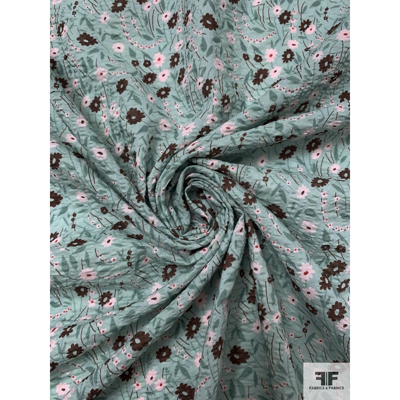 Ditsy Floral Printed Pliss Heavy Cotton Voile – Minty Sage / Brown / Baby Pink / Red Fabric by the Yard