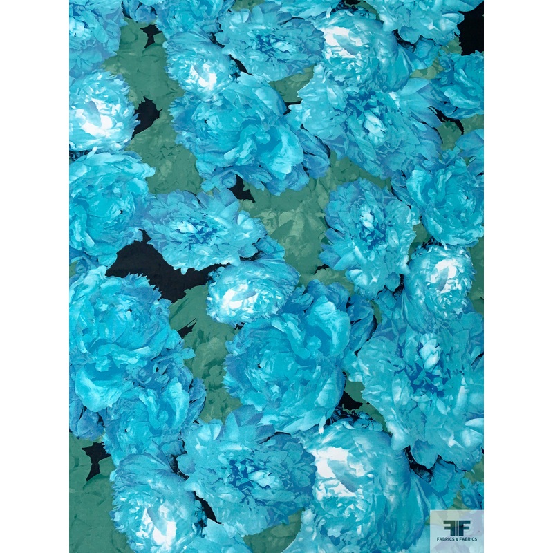 Floral Printed Polyester Zibeline – Aquamarine Blue / Green / Black Fabric by the Yard
