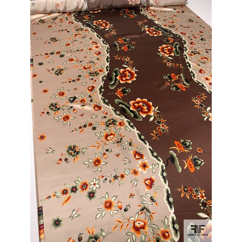 Follow the Rose Road Printed Silk Charmeuse – Brown / Soft Tan / Orange / Green Fabric by the Yard