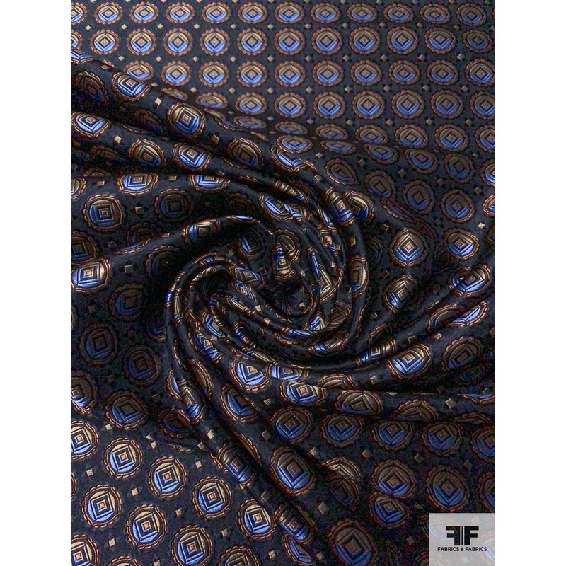 Geometric Circles Silk Necktie Jacquard Brocade – Black / Rust / Carolina Blue / Khaki Olive Fabric by the Yard