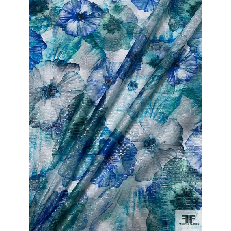 Italian Large Watercolor Floral Printed Novelty Shimmer Organza – Blue / Teal / White Fabric by the Yard