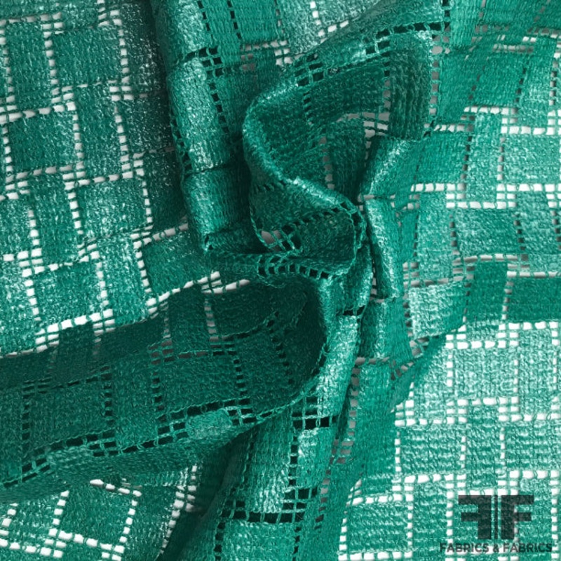 Italian Novelty Basketweave-Look Cotton Lace – Green Fabric by the Yard