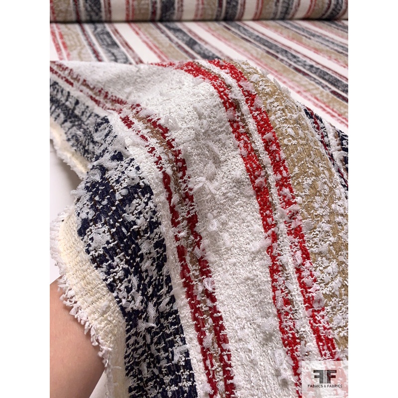 Italian Vertical Striped Tweed Suiting with Fused Back – Red / Navy / Tan / Light Ivory Fabric by the Yard