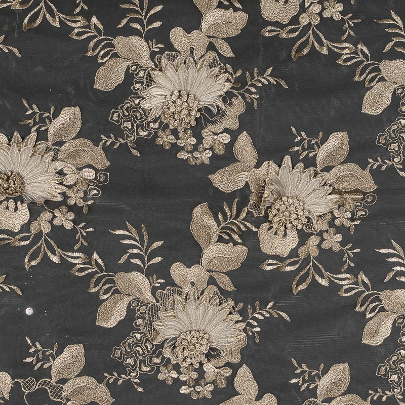 Metallic Gold 3D Floral Embroidered Mesh