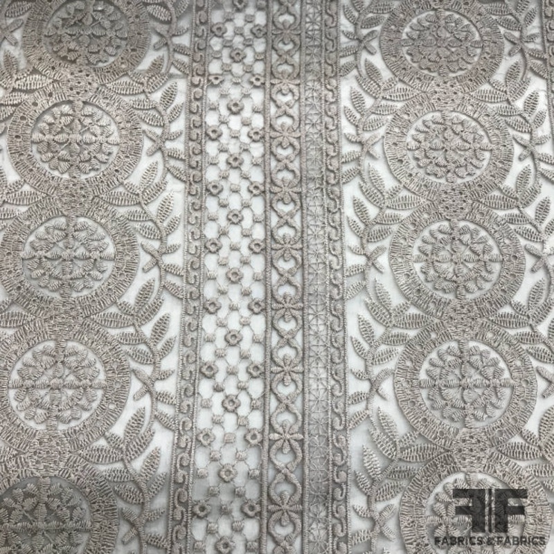 Motif Embroidered Silk Organza – Grey Fabric by the Yard