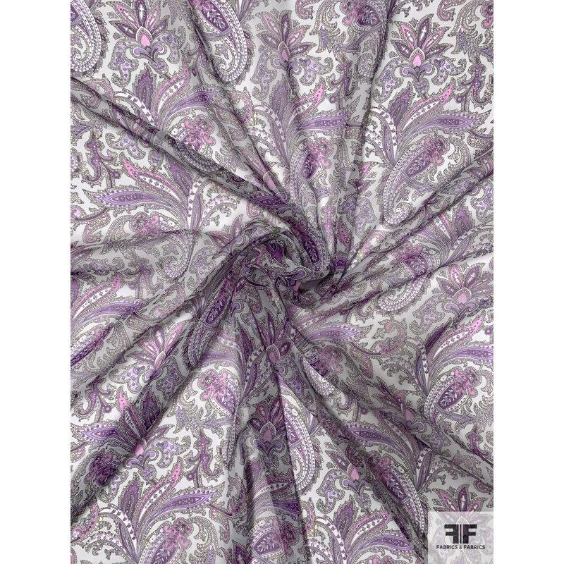 Paisley Printed Silk Chiffon – Shades of Purple / Orchid / Black / White Fabric by the Yard