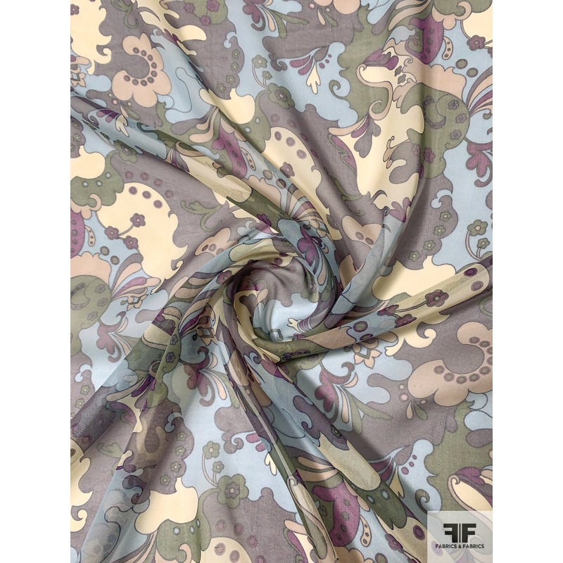 Pucci-esque Paisley-Like Printed Silk Chiffon – Eggplant / Army Green / Beige / Subtle Blue Fabric by the Yard