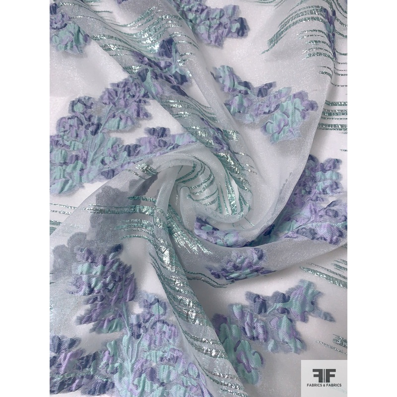 Regal Floral Textured Cloqu Polyester Organza with Metallic – Light Purple / Light Seafoam / Shimmery White Fabric by the Yard
