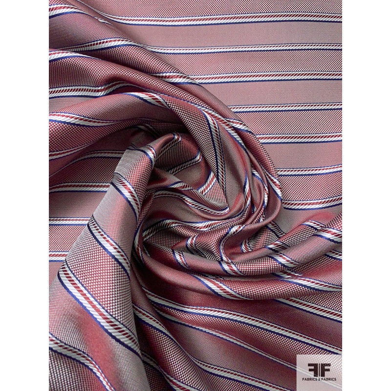 Rope-Look Striped Silk Necktie Jacquard Brocade – Maroon / Blue / White Fabric by the Yard