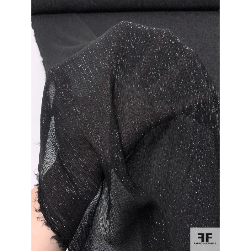 Solid Crinkled Metallic Silk Chiffon – Black Fabric by the Yard