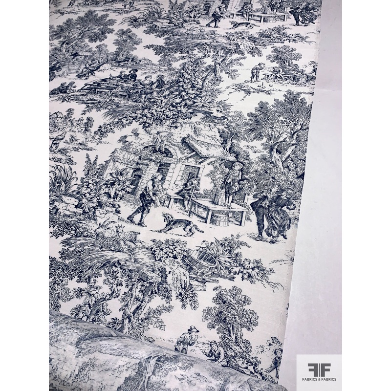 Toile Printed Silk Shantung – Navy / White Fabric by the Yard