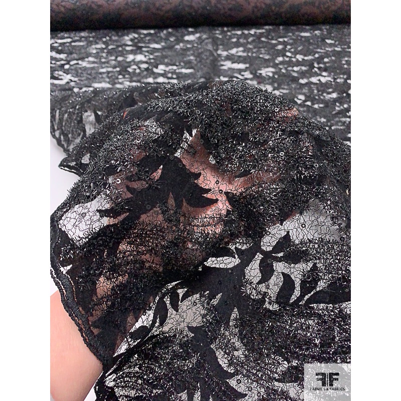 Abstract Novelty Mesh-Tulle with Flocking, Sequins, and Lurex Texture – Black Fabric by the Yard