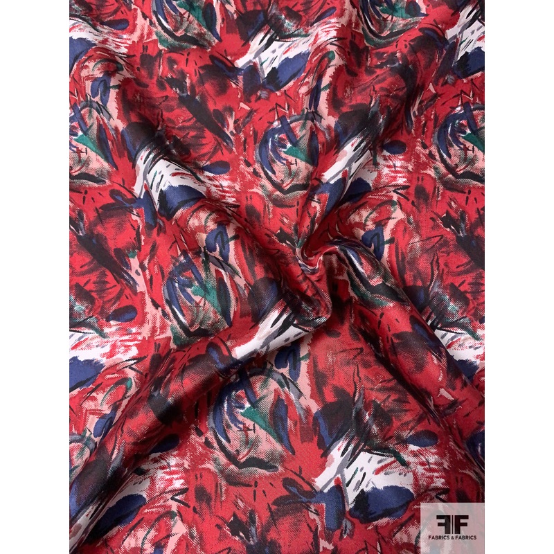 Abstract Painterly Floral Printed Vintage Silk Twill – Antique Red / Navy / Black / Evergreen Fabric by the Yard