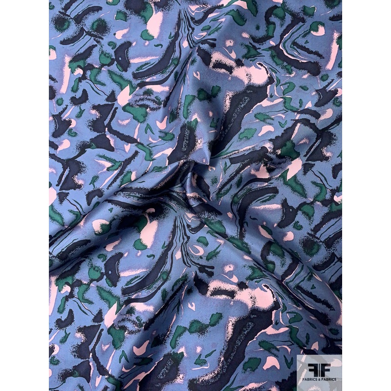 Abstract Printed Vintage Silk Twill – Antique Blue / Navy / Evergreen / Light Pink Fabric by the Yard