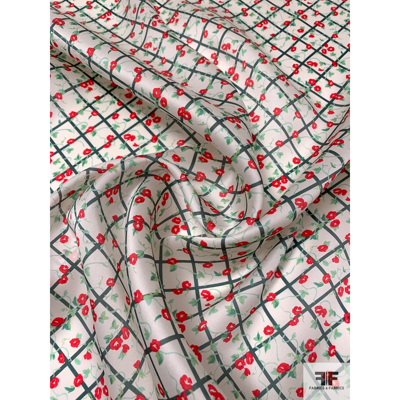Ditsy Floral Diagonal Grid Printed Satin Face Organza – Off-White / Red / Evergreen / Greens Fabric by the Yard