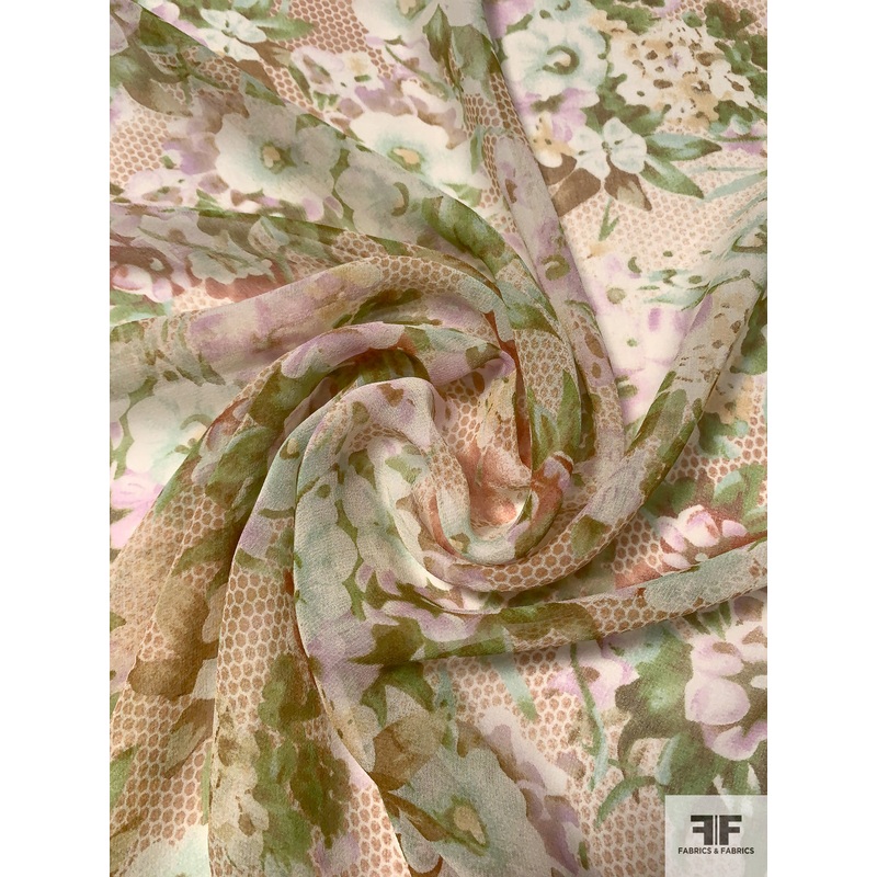 Floral Bouquets and Dotted Printed Silk Chiffon – Greens / Lavender / Caramel Fabric by the Yard