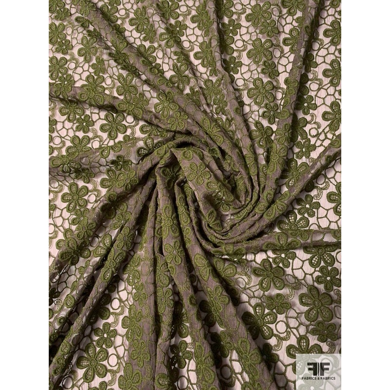 Floral Embroidery on Crinkled Chiffon – Olive Green / Dark Taupe Fabric by the Yard