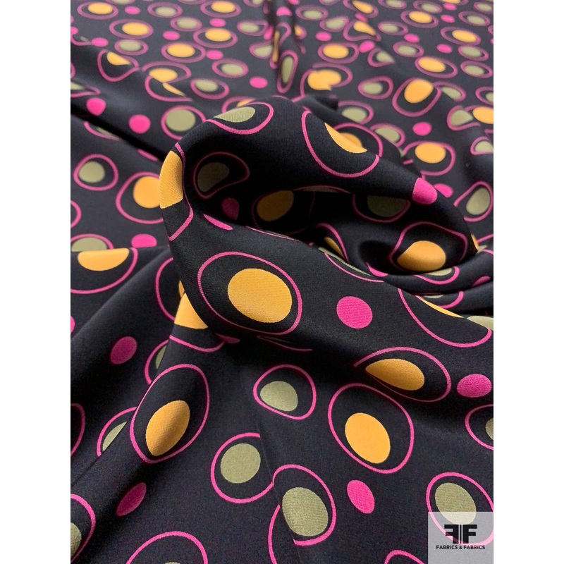 Googly Circles Printed Silk Charmeuse – Black / Yellow-Gold / Dark PInk / Olive Green Fabric by the Yard