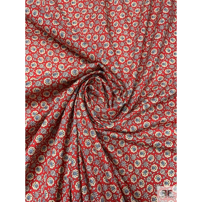Made in Japan Ditsy Floral Printed Open-Basketweave Cotton – Red / Cream-Beige / Baby Blue Fabric by the Yard