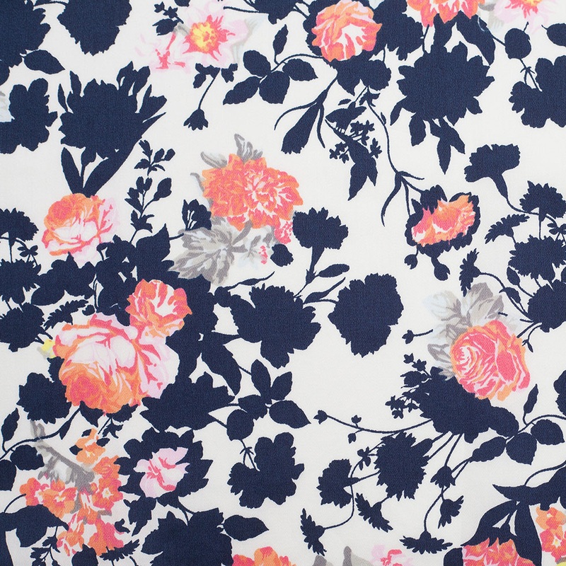 Navy/White/Orange Floral Cotton Sateen Print