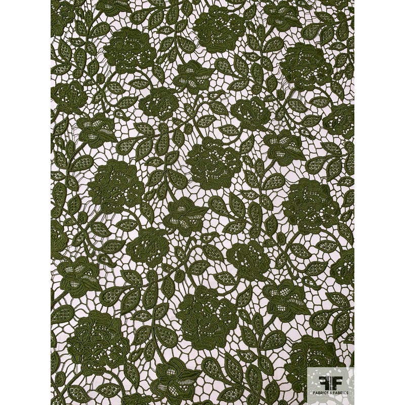 Pamella Roland Double-Scalloped Floral Guipure Lace with Light Cording – Olive Green Fabric by the Yard