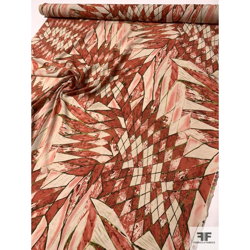 Abstract Ethnic Printed Silk Georgette – Dusty Dark Coral / Greens / Ivory Fabric by the Yard