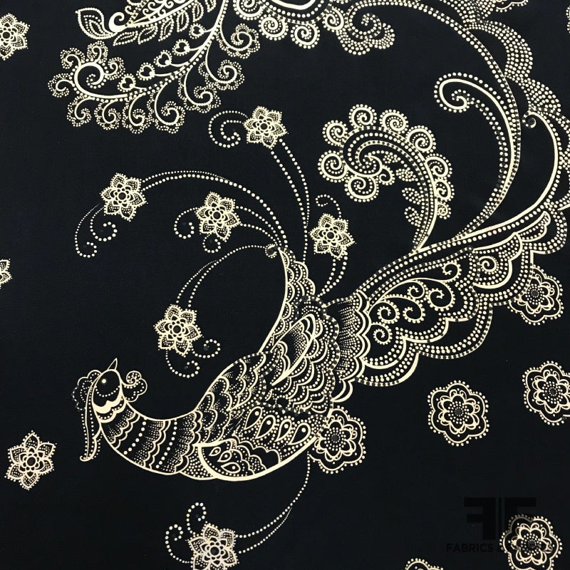 Borderprint Bird & Paisley Silk Crepe de Chine – Black/Taupe/Gold Fabric by the Yard