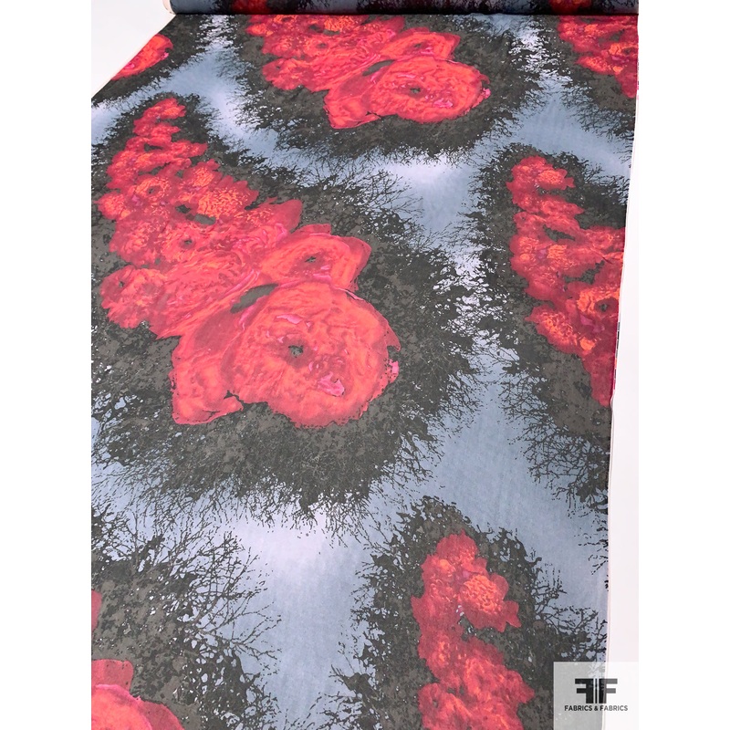 Bursting Exotic Floral Printed Silk Chiffon – Red / Black / Grey Fabric by the Yard