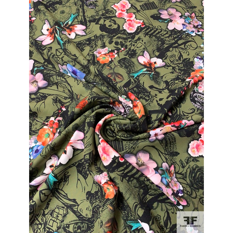 Emo Punk and Floral Collage Printed Stretch Polyester Mini-Crepe – Olive Green / Black / Coral Fabric by the Yard