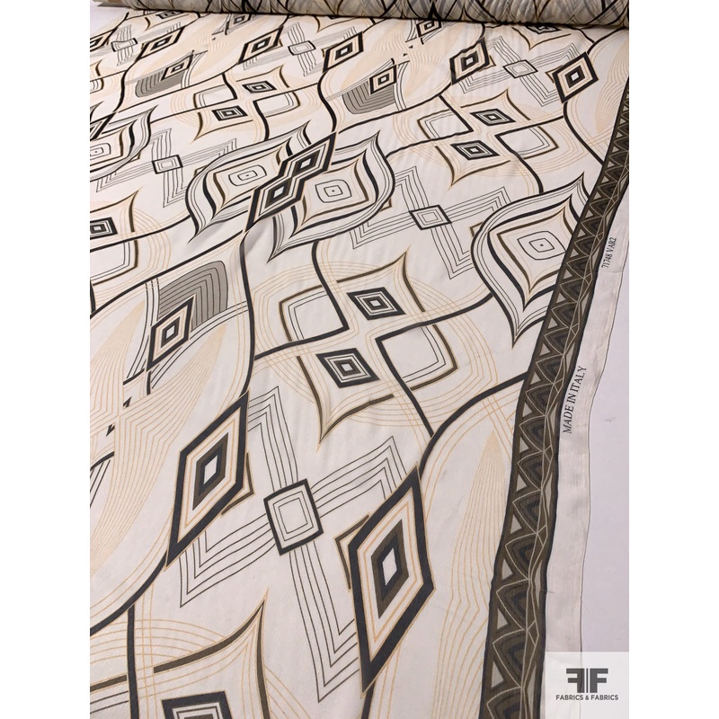 Exotic Printed Crinkled Silk Chiffon – Warm Yellow / Light Ivory / Black Fabric by the Yard