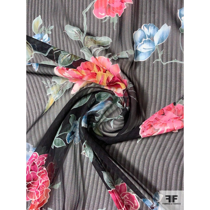 Gorgeous Floral Printed and Shadow Striped Silk Chiffon – Shades of Rose / Dusty Green / Blues Fabric by the Yard