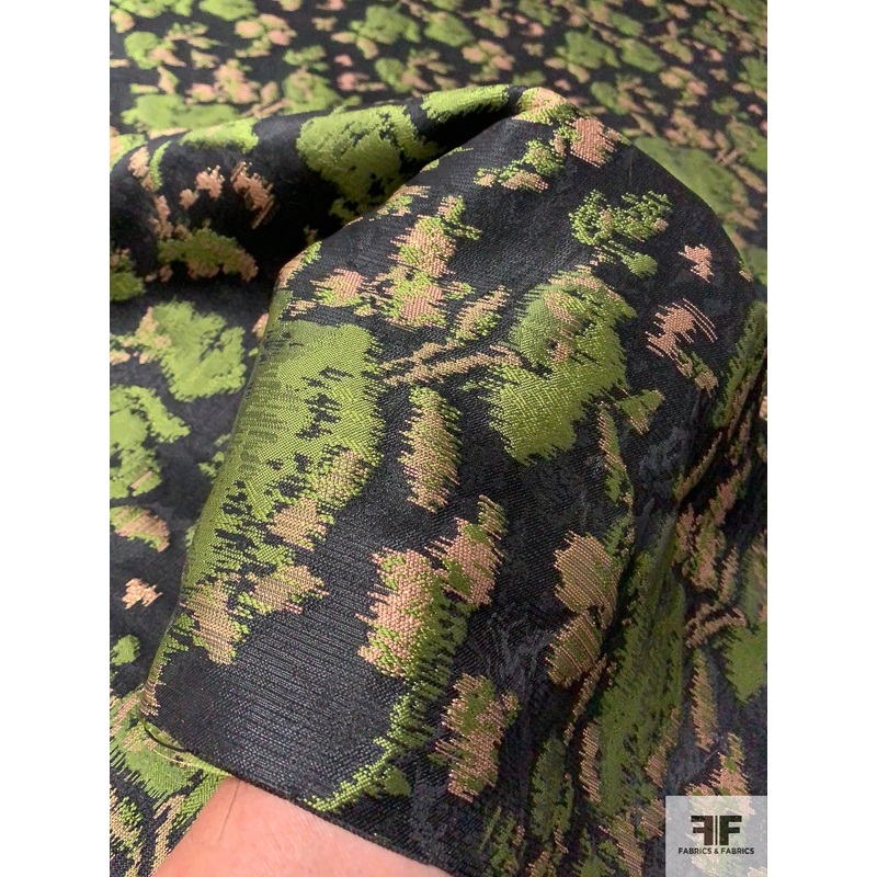 Italian Abstract Metallic Brocade – Lime Green / Gold / Black Fabric by the Yard