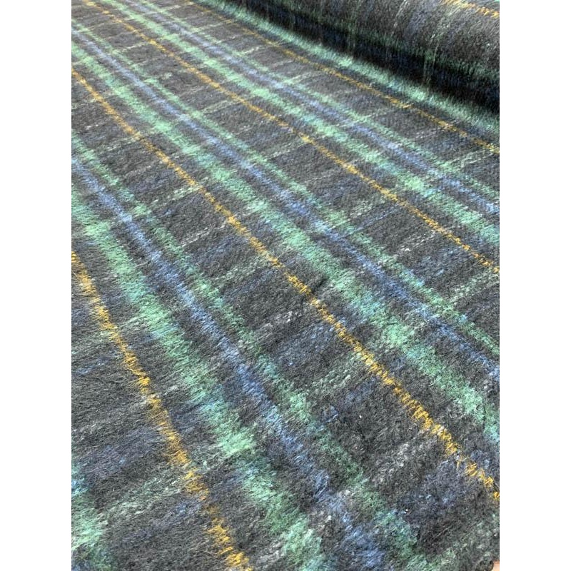 Italian Plaid Mohair Blend Wool Coating – Navy / Mint / Mustard Fabric by the Yard