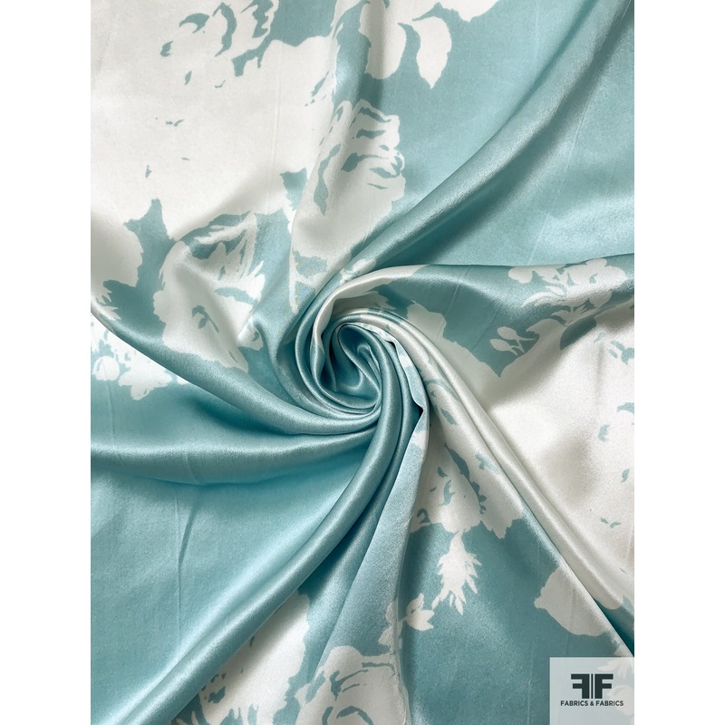 Large-Scale Floral Silhouette Printed Silk Charmeuse – Dusty Aqua / Off-White Fabric by the Yard