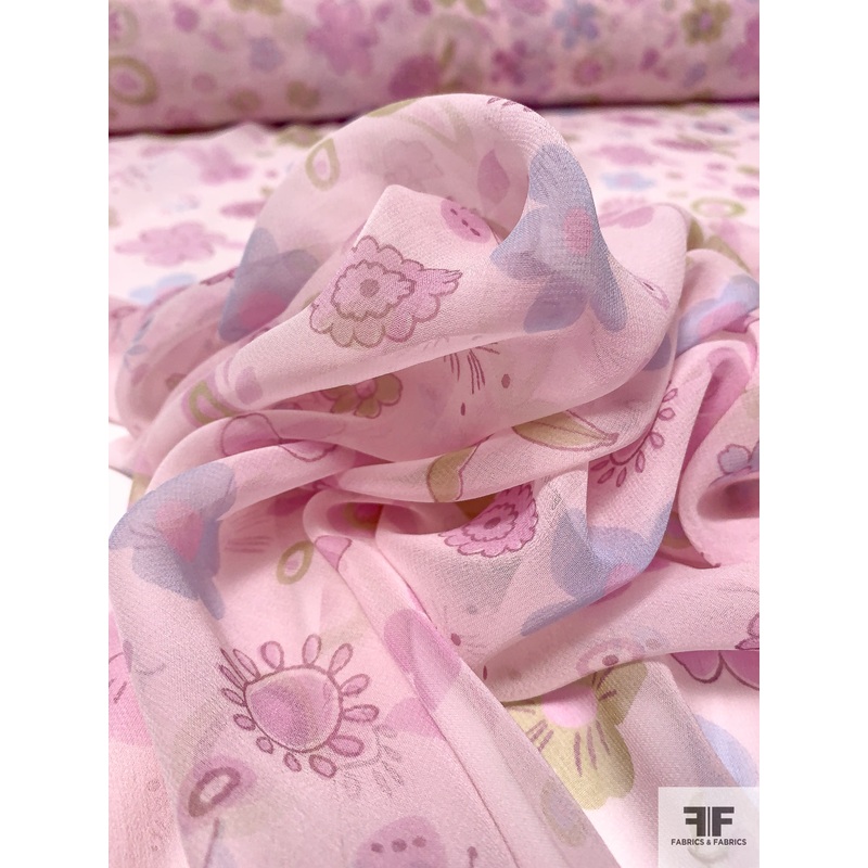 Playful Floral Printed Silk Chiffon – Baby Pink / Pink / Olive / Green / Sky Blue Fabric by the Yard