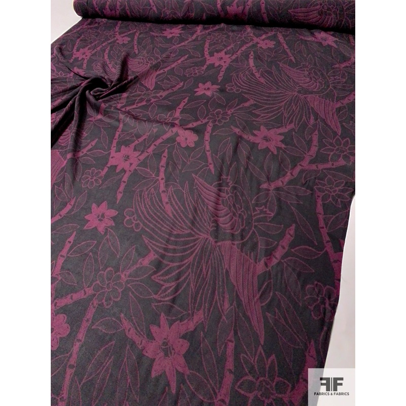 Tropical Leaf Theme Printed Silk Georgette – Plum Purple / Black Fabric by the Yard