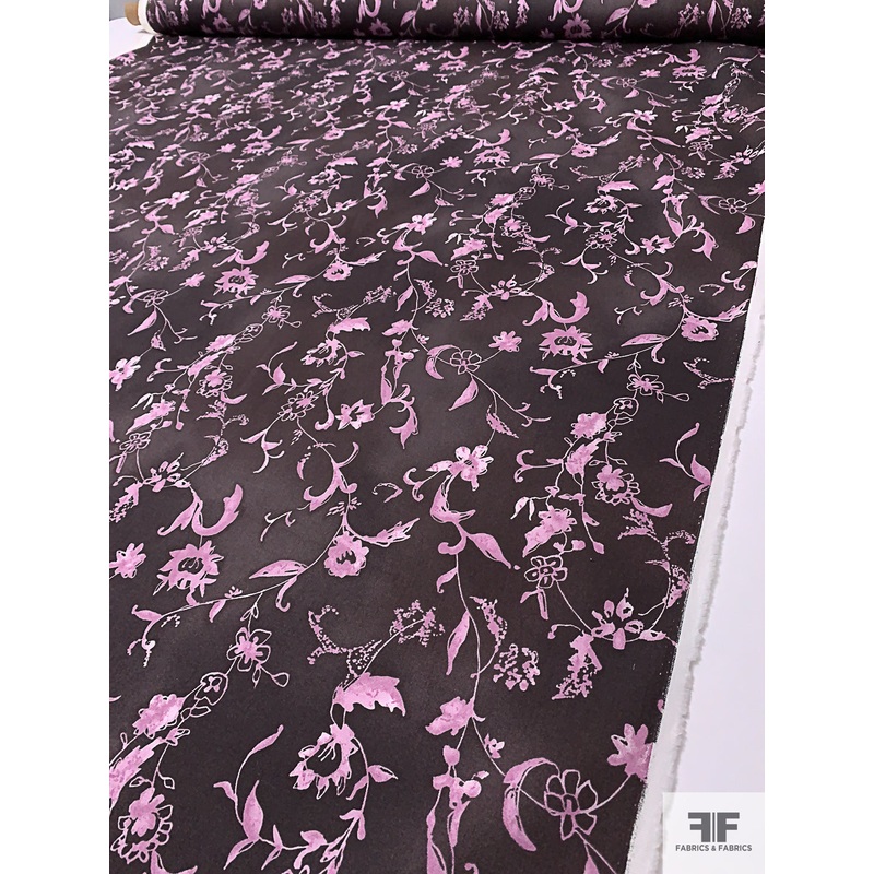 Vine Floral Cloudy Printed Stretch Cotton Twill – Eggplant Brown / Dusty Orchid Fabric by the Yard