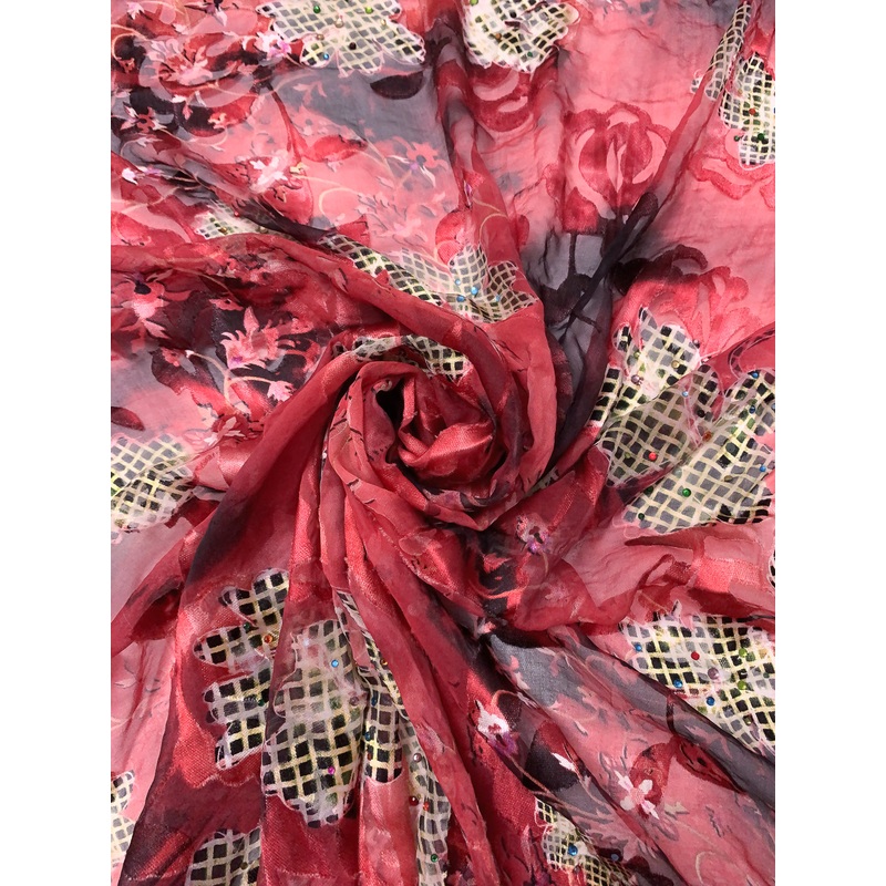 Basket and Vine Floral Printed Silk-Rayon Burnout Chiffon with Stones – Soft Red / Black / Green Fabric by the Yard