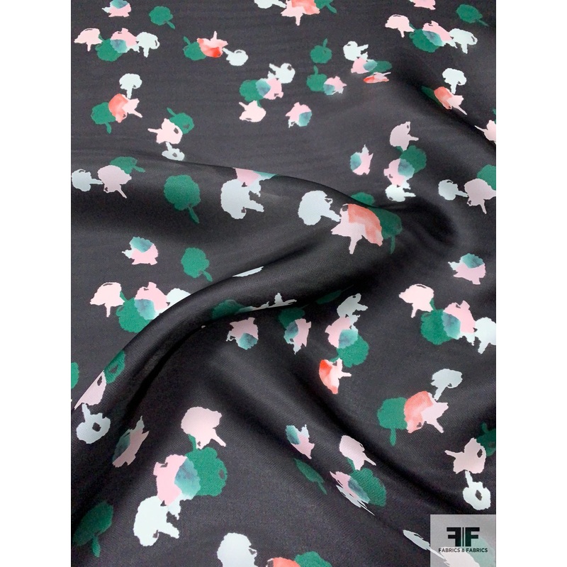 Floral Blotches Printed Silk Gazar – Black / Green / Dusty Peach / White Fabric by the Yard