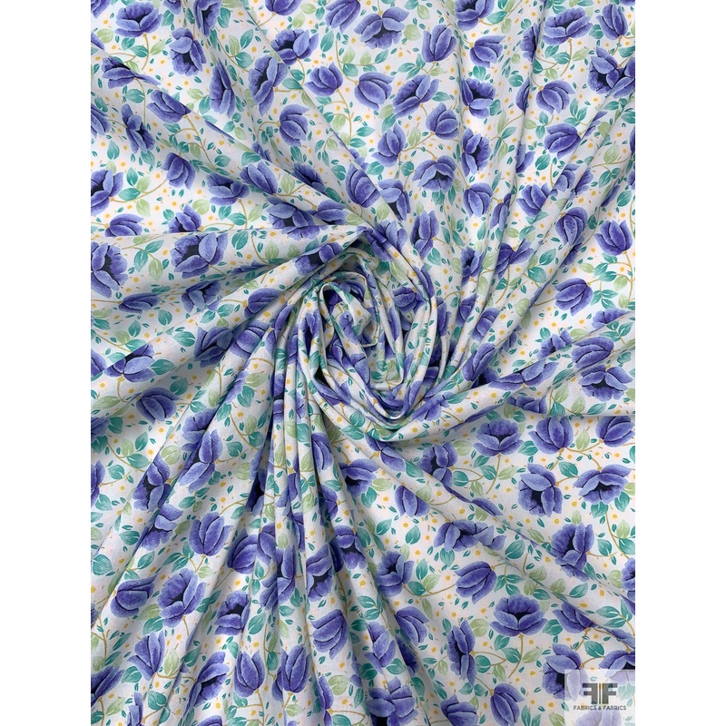 Floral Printed Cotton Lawn – Periwinkle / Greens / Yellow Fabric by the Yard